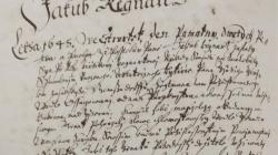 Záznam v pozemkové knize Bakova nad Jizerou z roku 1645 o koupi domu Jakubem Rejnartem