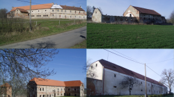 Fotografie několika poplužních dvorů, které vedli a na kterých pracovali příslušníci rodu Rejnart již v první polovině 18. století. Nahoře zleva: Lhotice, Pachouň, dole zleva: Studénka, Zvířetice